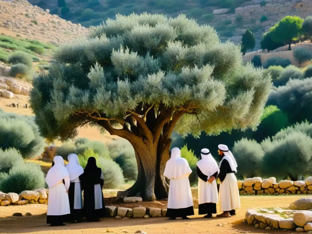 Sociedades secretas Druze misterios: Grupo de hombres y mujeres Druze en trajes tradicionales alrededor de un antiguo olivo en Líbano