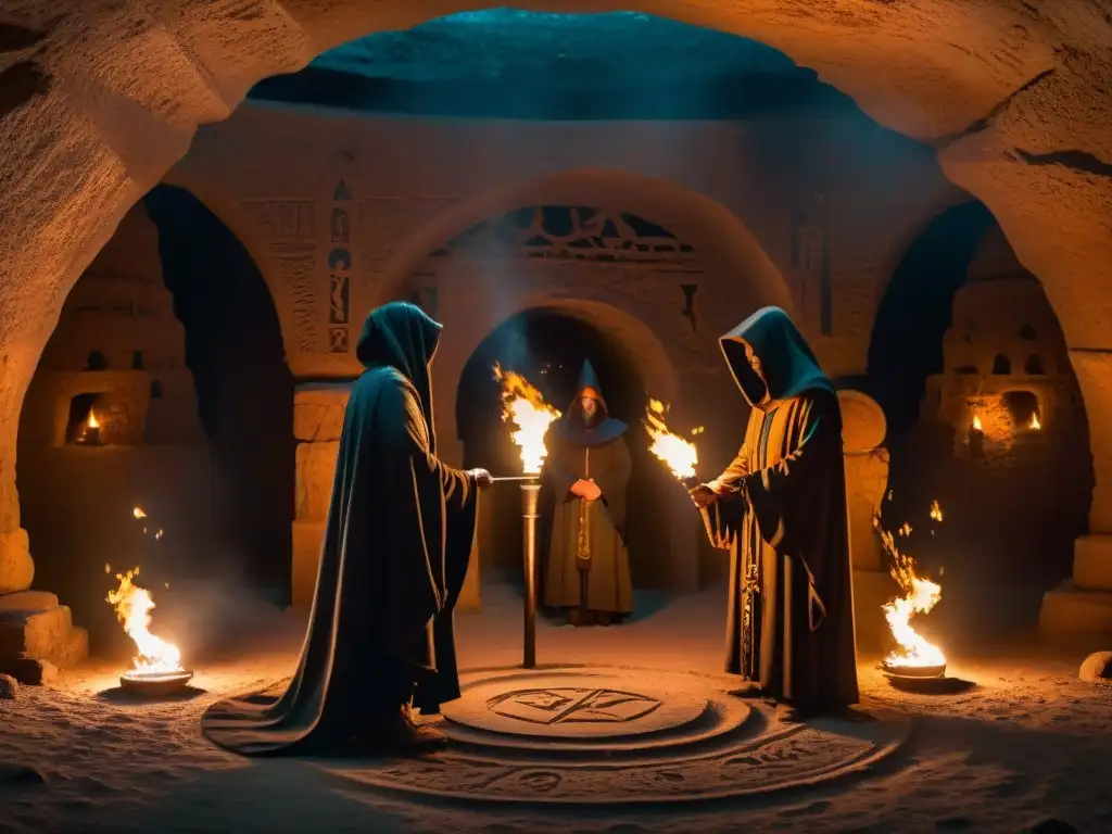 Rituales secretos: misterio y sabiduría ancestral en la penumbra Sociedades secretas realizan enigmáticos rituales en cámara subterránea iluminada por antorchas