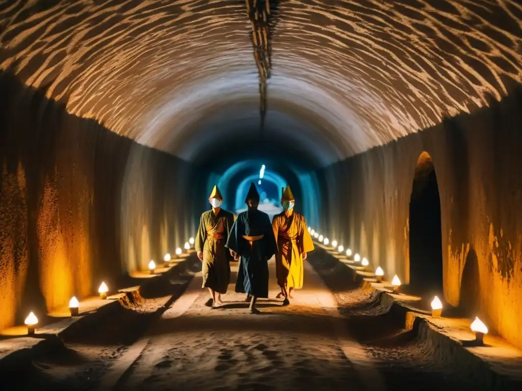 Sociedades secretas en la historia: Figuras en túneles oscuros de Cu Chi, Vietnam, moviéndose entre pasadizos estrechos con luz de velas