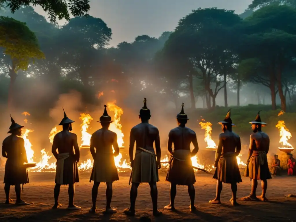 Sociedades secretas Dacoits India misterio: Grupo de Dacoits en ritual misterioso en el bosque con antorchas y símbolos