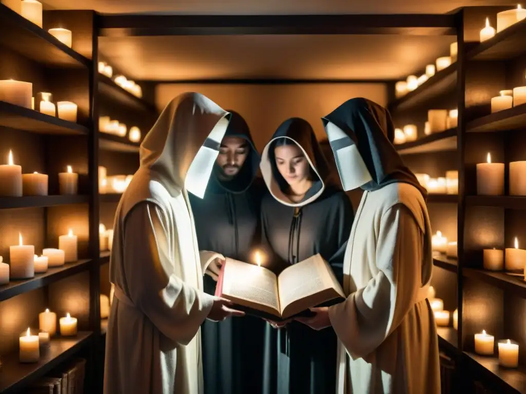 Sociedades secretas influencia ciberseguridad: Figuras en capuchas junto a manuscrito antiguo en penumbra, rodeadas de libros y velas