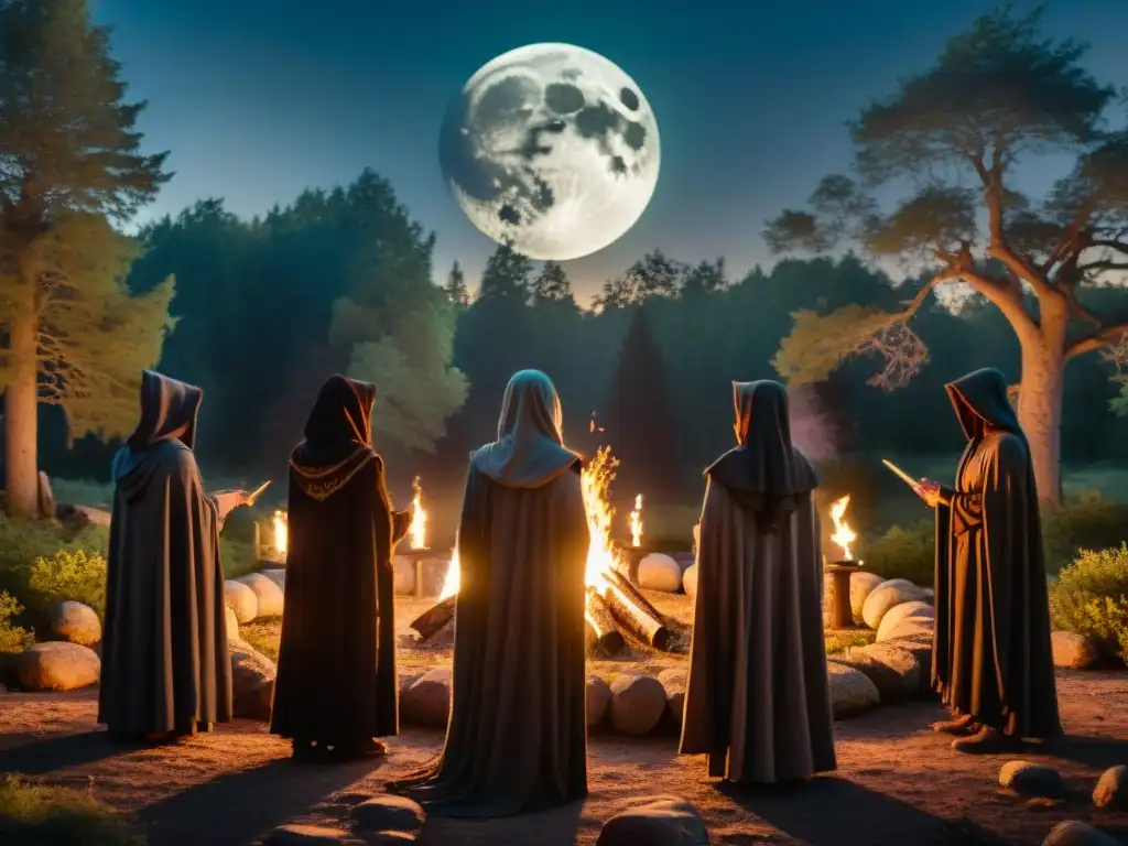 Sociedades secretas influencia historia: Ceremonia wicca en bosque antiguo iluminado por la luna llena