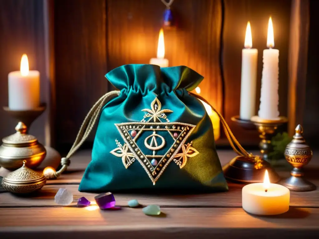 Sociedades secretas influencia historia: Bolsa antigua en cámara ritual iluminada por velas, con símbolos místicos y gemas brillantes