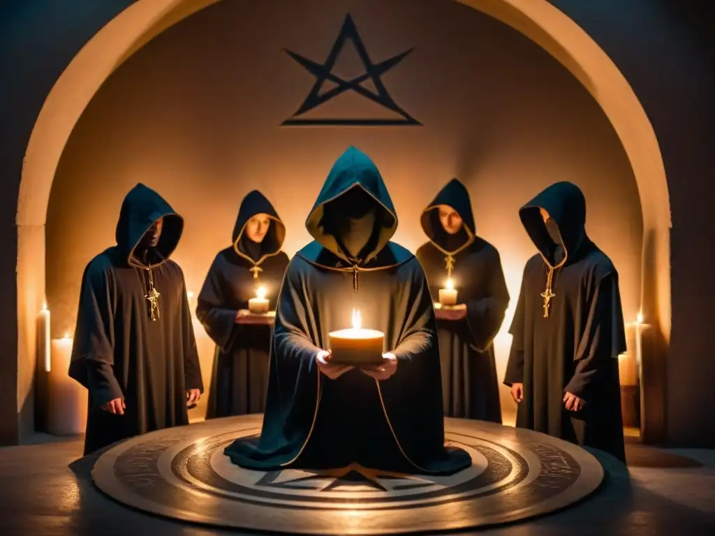 Sociedades secretas influencia historia: Figuras encapuchadas en un cuarto tenue con velas, libros antiguos y un orbe brillante sobre un pentagrama