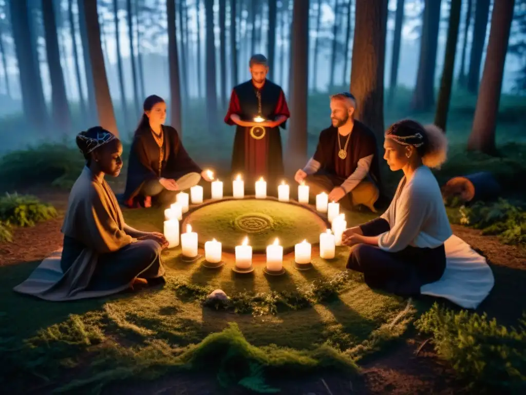 Sociedades secretas influencia historia: Grupo de wiccanos en ritual en el bosque al anochecer, rodeados de símbolos místicos e iluminados por velas