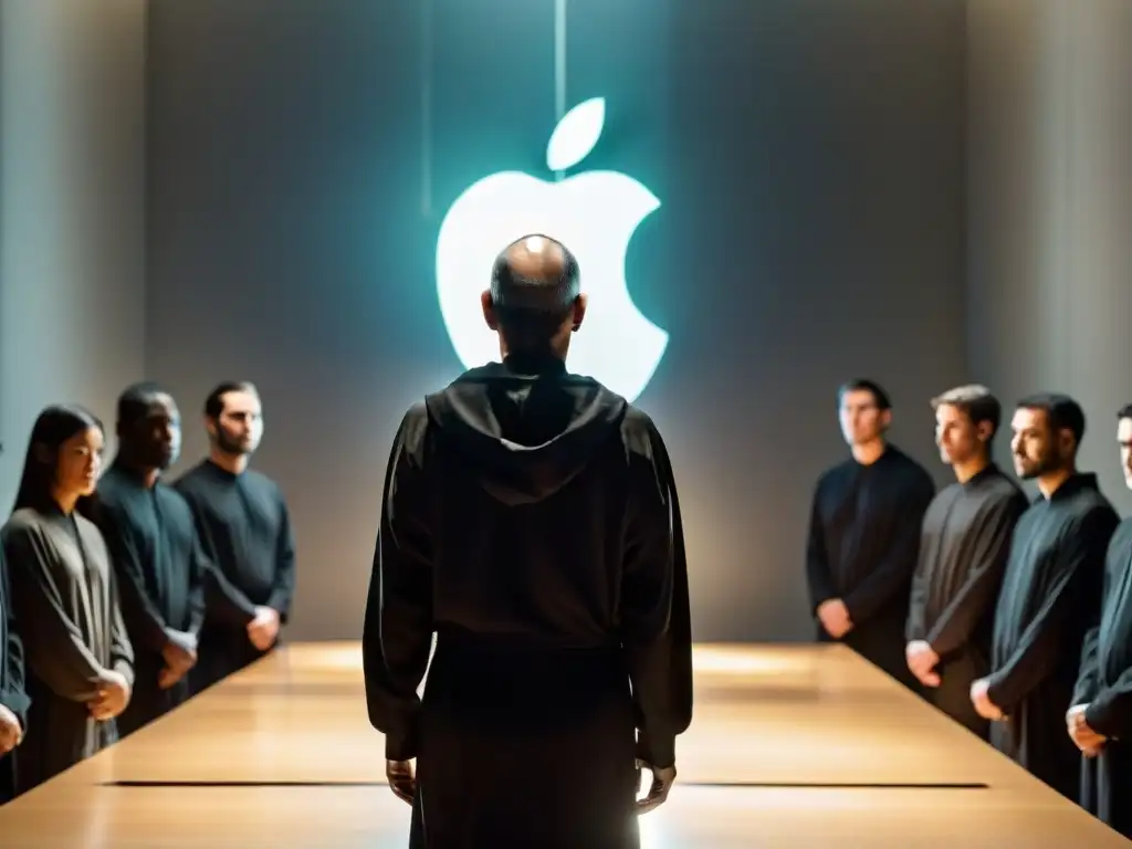 Steve Jobs en misteriosa reunión con figuras sombrías Steve Jobs en habitación con sociedades secretas influencia, misterio y tecnología