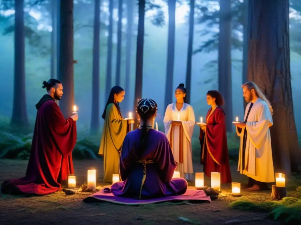 Sociedades secretas influencia moderna: Grupo de wiccanos en ritual en bosque místico al atardecer, iluminados por velas