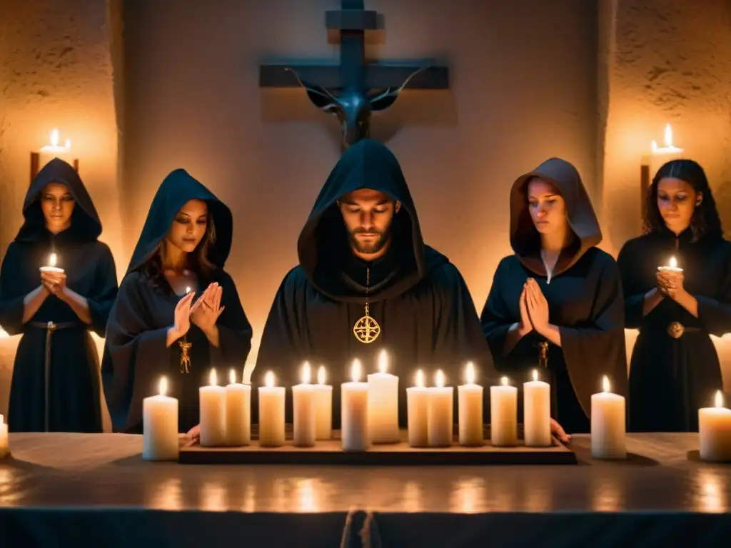 Sociedades secretas influencia moderna: Grupo en túnicas oscuras alrededor de un altar místico iluminado por velas, en ceremonia secreta