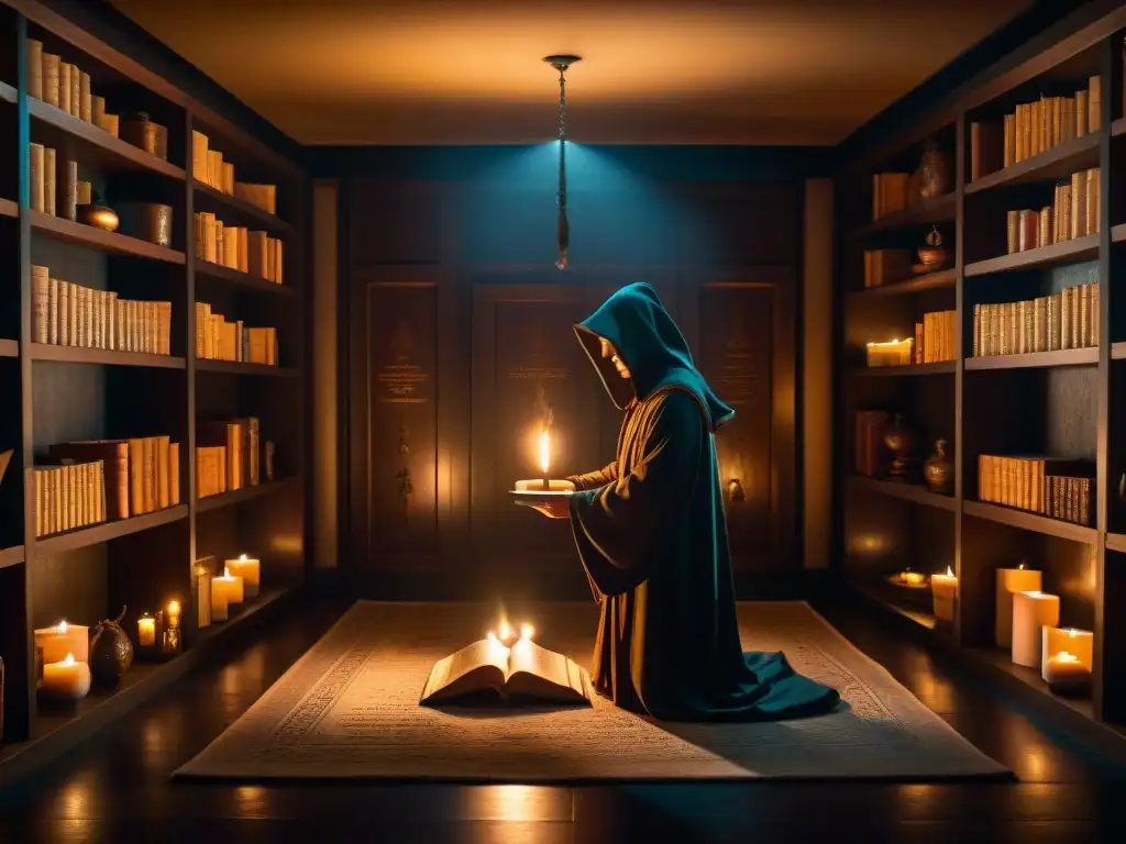 Sociedades secretas influencia mundo moderno: Figuras en capuchas realizan ritual en misteriosa habitación llena de artefactos antiguos y libros