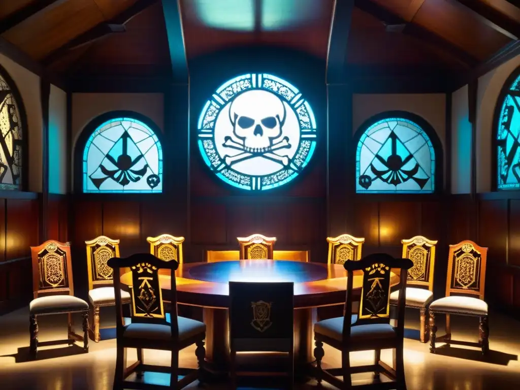 Sociedad secreta: Sala misteriosa con sillas de Skull and Bones Sociedades secretas influencia mundo moderno: Sala misteriosa con sillas de Skull and Bones, luz filtrada en objetos antiguos