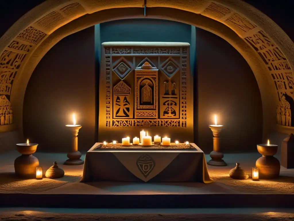 Sociedades secretas influencia mundo moderno: misterioso ritual en cámara subterránea con figuras encapuchadas y altares