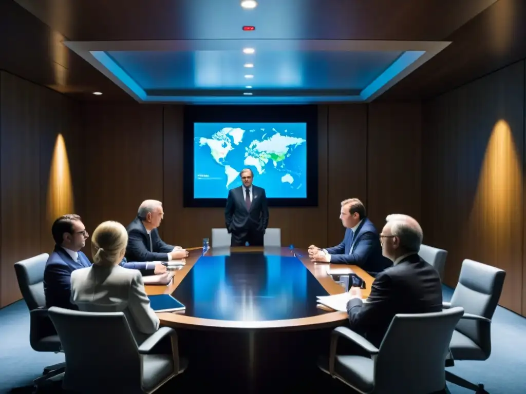 Sociedades secretas influencia mundo moderno: Reunión clandestina de la élite global en sala de conferencias sombría