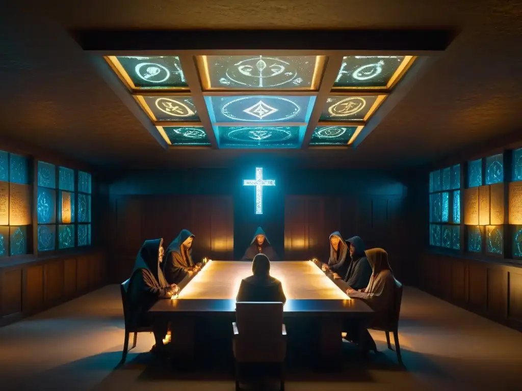 Sociedades secretas influencia mundo moderno: Reunión clandestina en sala misteriosa con figuras encapuchadas y manuscrito antiguo iluminado