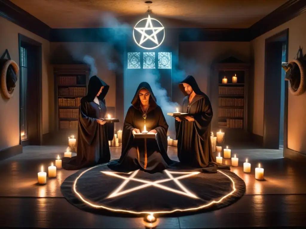 Sociedades secretas realizan influencia rituales en una sala misteriosa con pentagrama brillante, velas y humo de incienso