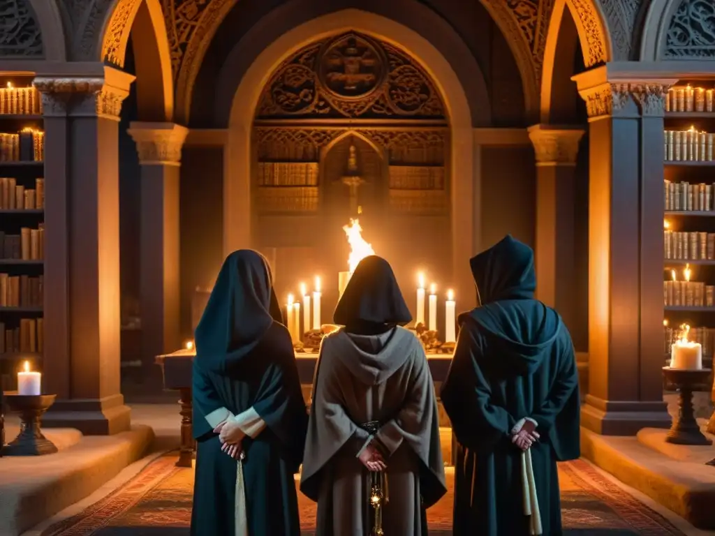 Sociedades secretas influencia división social: Figuras en capuchas alrededor de un altar en una biblioteca antigua y misteriosa