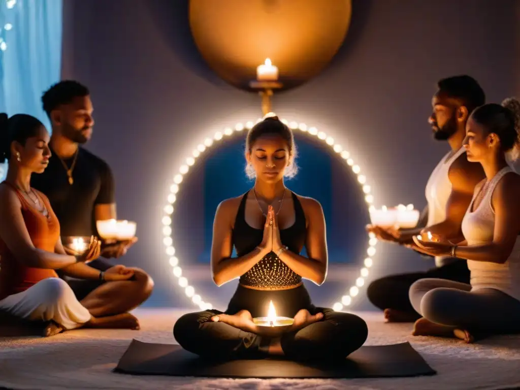 Sociedades secretas a lo largo de una misteriosa ceremonia de yoga con velas y cristales en una sala tenue