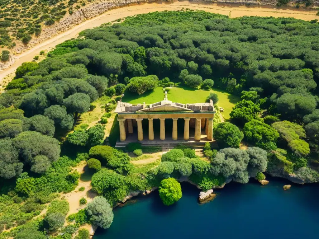 Sociedades secretas en Malta: vista aérea de templos megalíticos rodeados de vegetación bajo el sol mediterráneo, testigos de civilización enigmática