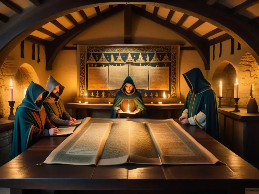 Sociedades secretas en Europa medieval: Grupo de figuras con capuchas en una cámara medieval iluminada por velas, estudiando pergaminos y mapas