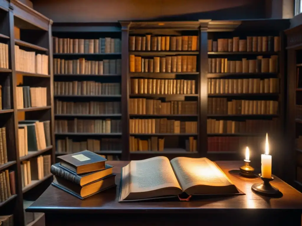 Sociedades secretas y misterios en una antigua biblioteca iluminada por una vela, repleta de libros polvorientos y manuscritos