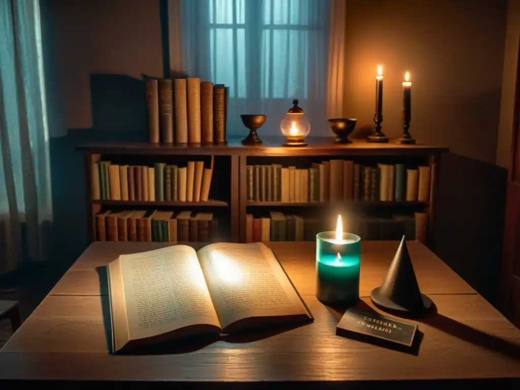 Sociedades secretas y misterios en una habitación oscura con libros polvorientos, tablero de Ouija y una vela titilante