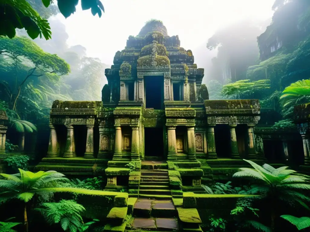 Sociedades secretas: misterios y historia en templo antiguo de la jungla, ruinas cubiertas de musgo y mistica niebla