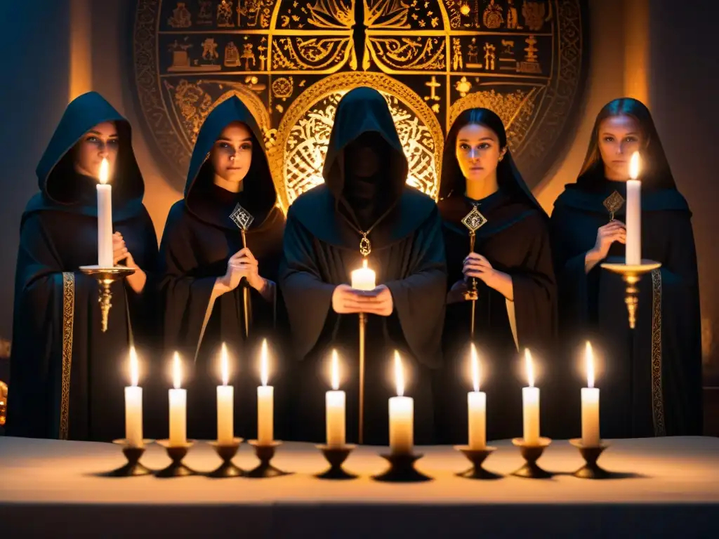 Sociedades secretas misterios influencia moderno: Figuras en sombras con capuchas en un altar iluminado por velas y símbolos misteriosos