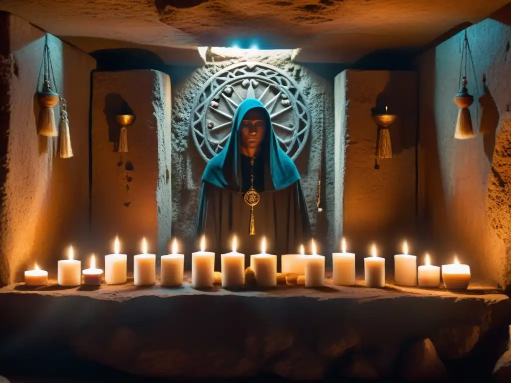 Sociedades secretas realizan misterioso ritual en altar subterráneo iluminado por velas