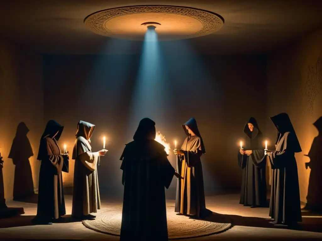 Sociedades secretas en misteriosos rituales: Figuras en capuchas rodeando una vela, con objetos en mano, en una habitación sombría