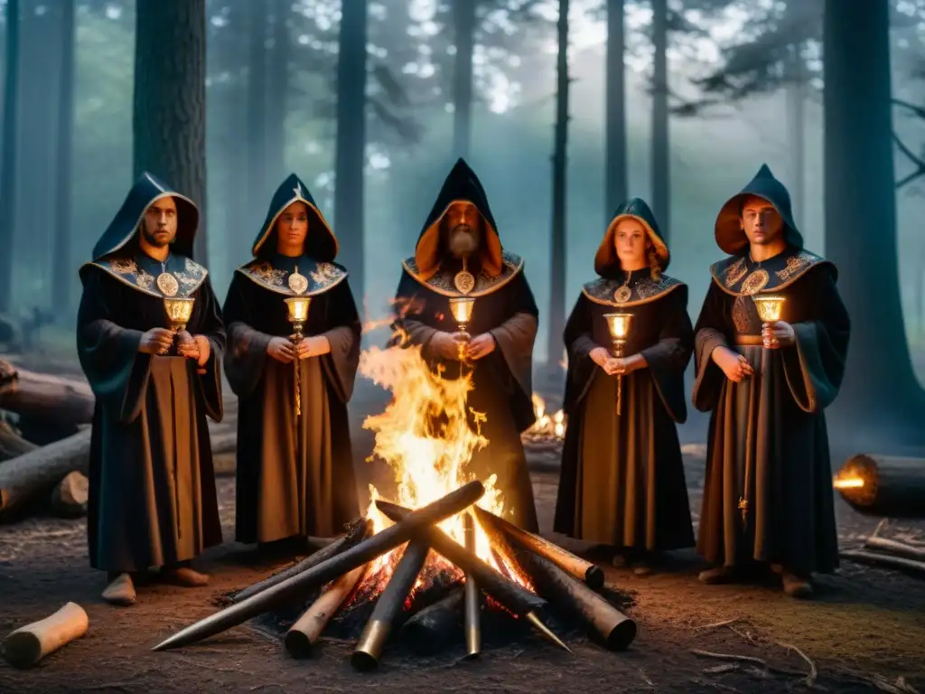 Sociedades secretas realizan misteriosos rituales en el bosque oscuro, con dagas y cálices