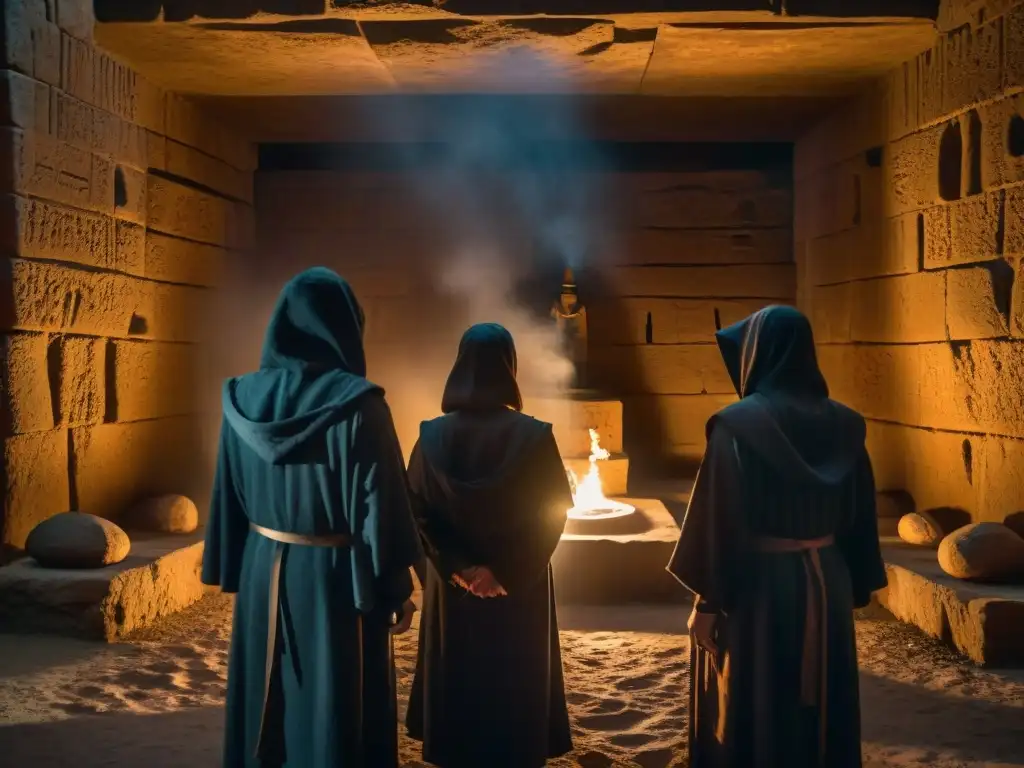 Sociedades secretas realizan misteriosos rituales alrededor de un altar de piedra brillante en una cámara subterránea