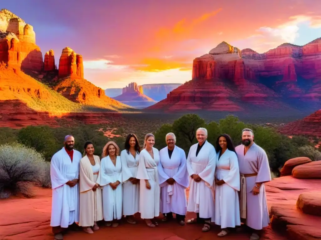 Sociedades secretas realizan misteriosos rituales en Sedona al atardecer entre rocas rojas y cristales brillantes