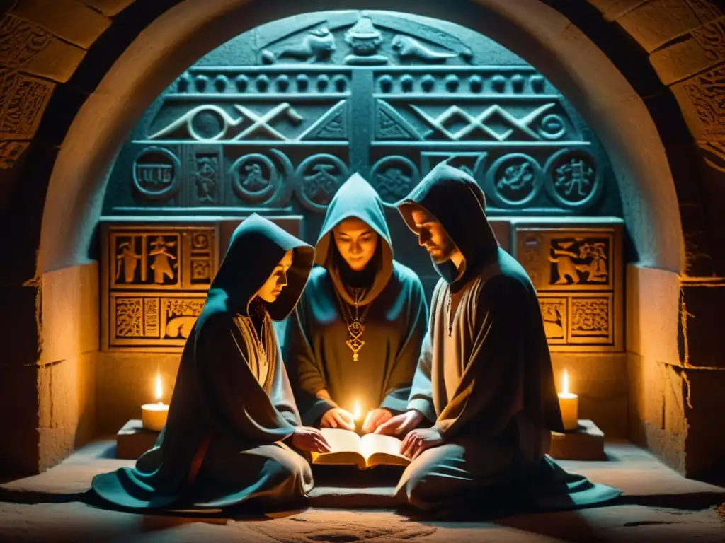 Ritual místico en cámara subterránea con libro antiguo y figuras sombrías Sociedades secretas en el plano astral realizan un ritual místico alrededor de un antiguo libro luminoso en una cámara subterránea iluminada por velas