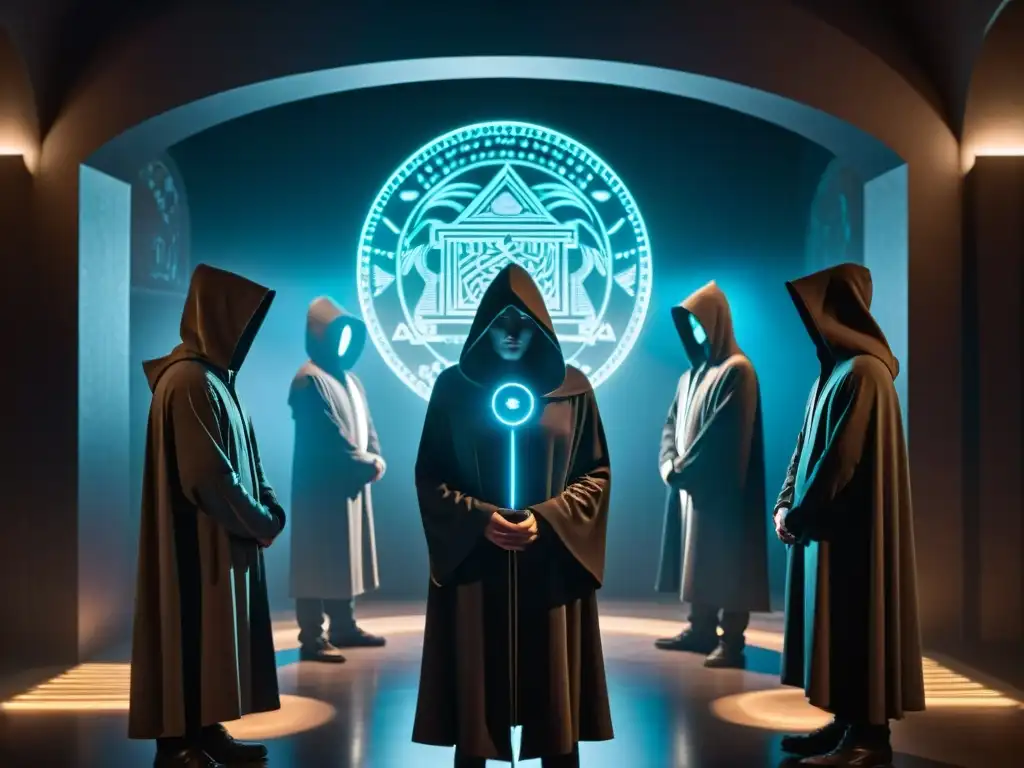 Figuras misteriosas manipulan hologramas en la penumbra Sociedades secretas en realidad aumentada manipulando símbolos en la penumbra