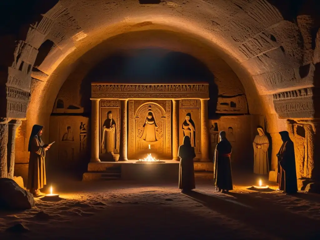 Sociedades secretas en retiros espirituales realizan misterioso ritual en cámara subterránea iluminada por velas