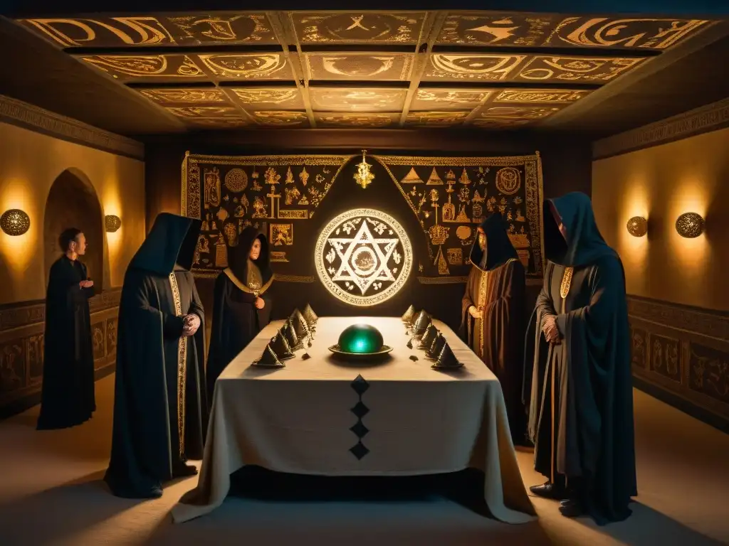Sociedades secretas reunidas en una cámara misteriosa con símbolos y un orbe brillante en la mesa