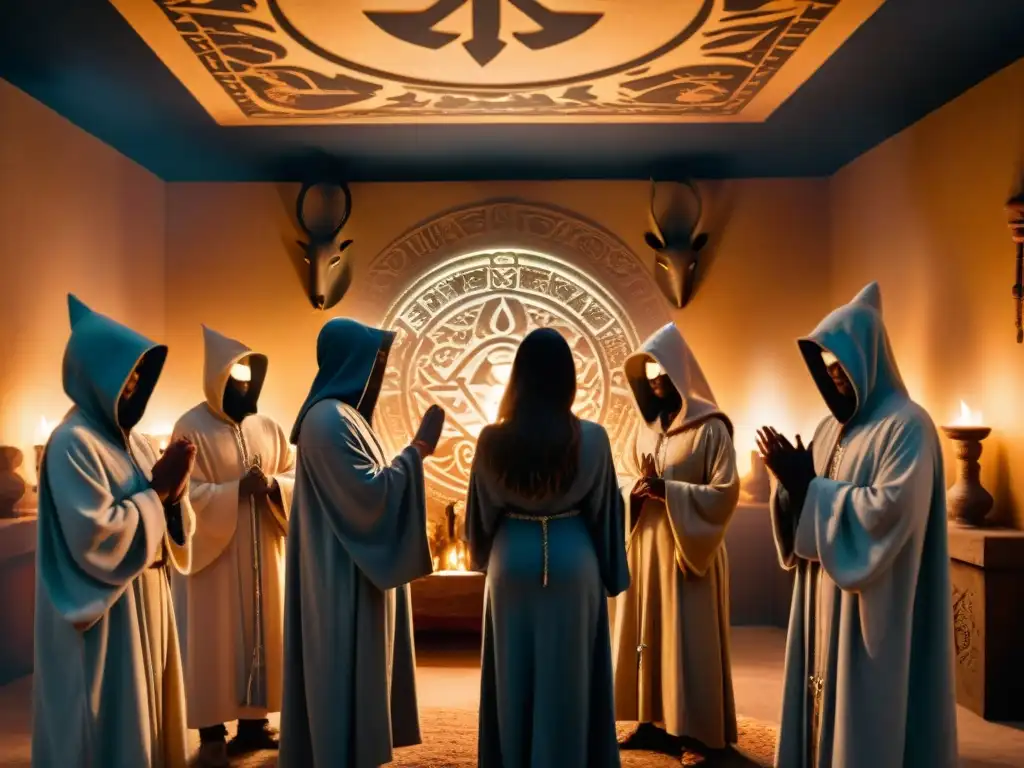 Rituales místicos: secretos de sociedades ocultas Sociedades secretas realizando ritual en cámara misteriosa con máscaras de seres mitológicos y orbe brillante
