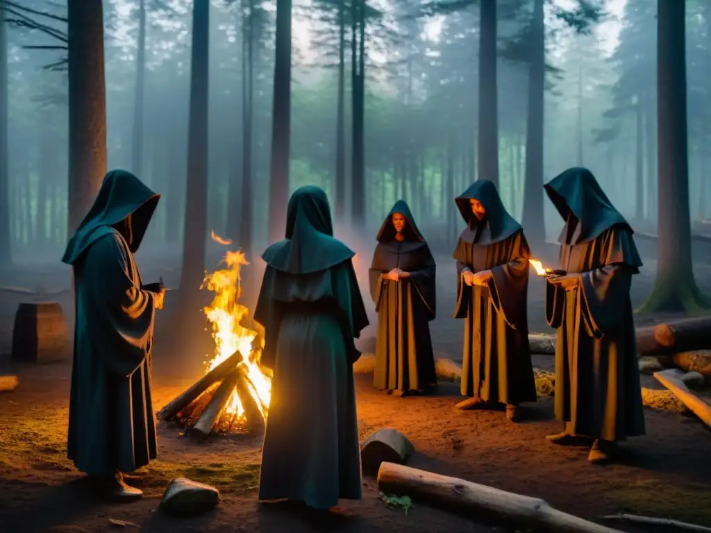 Rituales secretos en el bosque: danza misteriosa bajo la penumbra Sociedades secretas danzan en ritual misterioso bajo la luz de la hoguera en el bosque