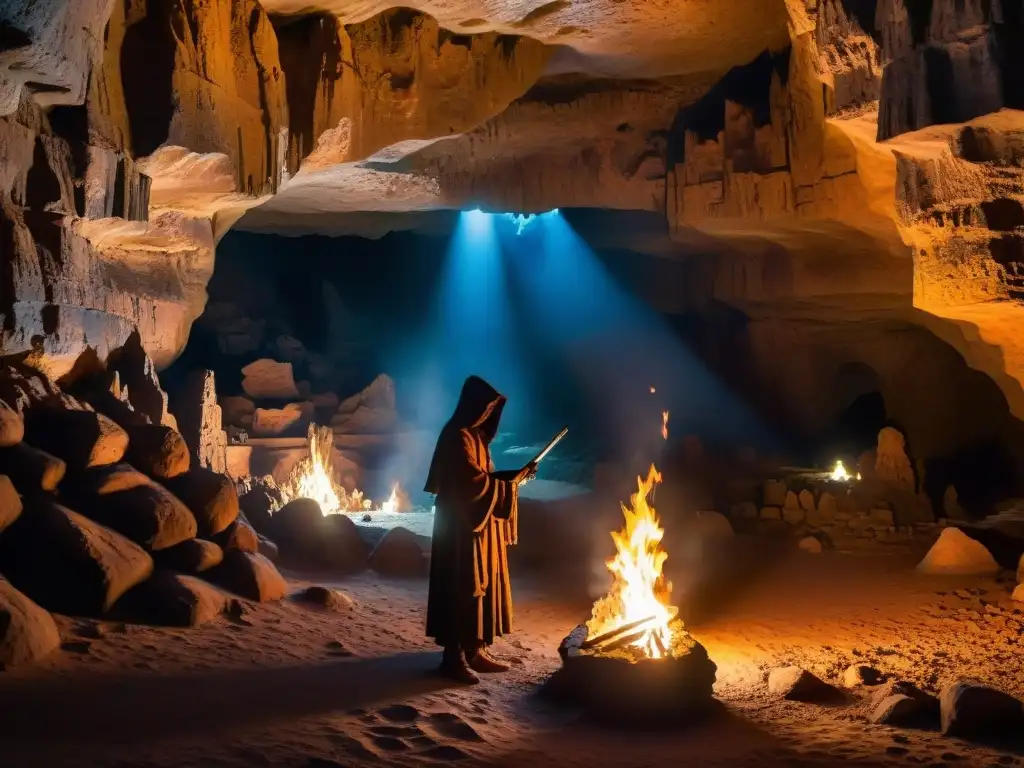 Sociedades secretas realizan rituales en una cueva antigua iluminada por antorchas, creando una atmósfera mística y misteriosa