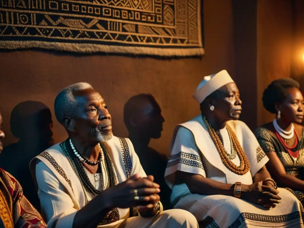 Sociedades secretas preservan tradiciones africanas: Ancianos en sala decorada, discuten bajo luz de vela enigmática