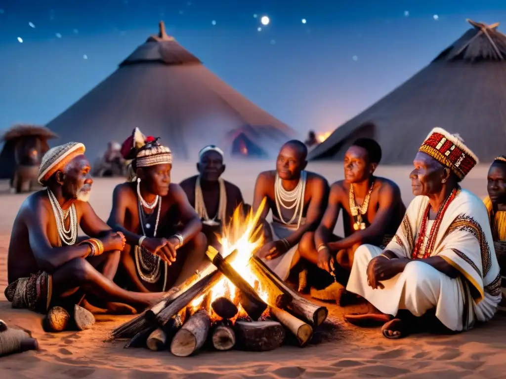 Sociedades secretas África misterios: Ancianos tribales en ritual nocturno bajo estrellas, rodeados de sabiduría ancestral