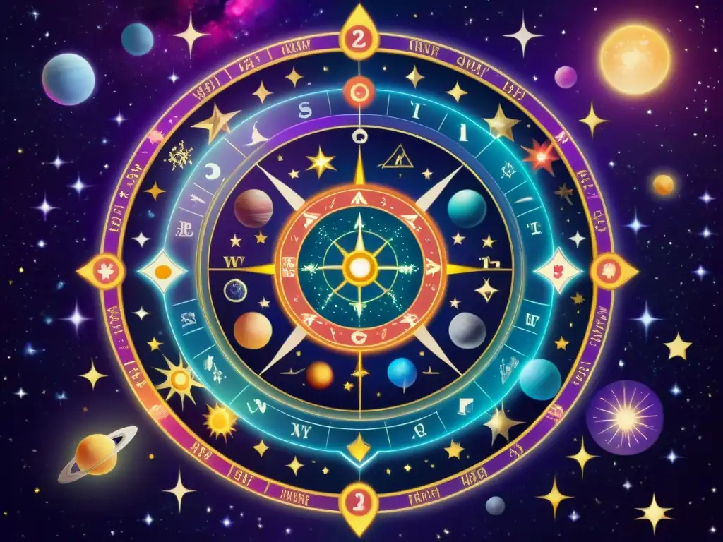 Software astrología aficionado estrellas: Complejo y místico mapa astral digital con símbolos, planetas y Tarot en galaxia vibrante