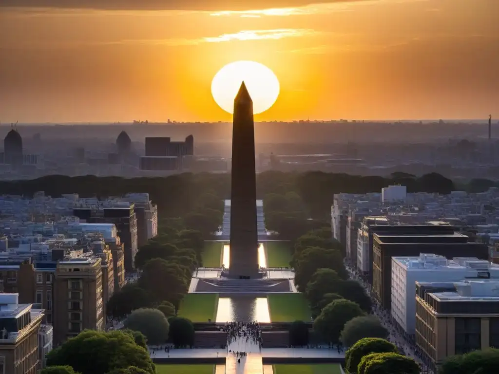 El sol se pone detrás del obelisco egipcio Cleopatra's Needle, resaltando sus jeroglíficos en contraste con los rascacielos modernos