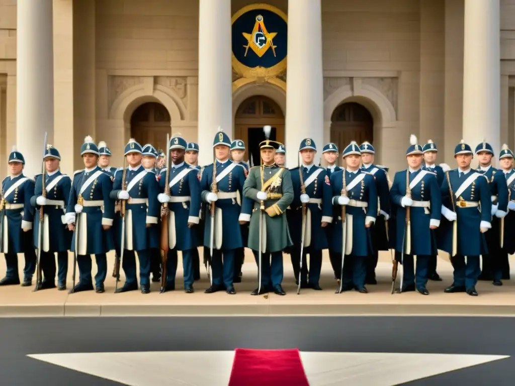 Soldados de diferentes épocas frente a un templo masónico, representando la influencia de la Masonería en guerras