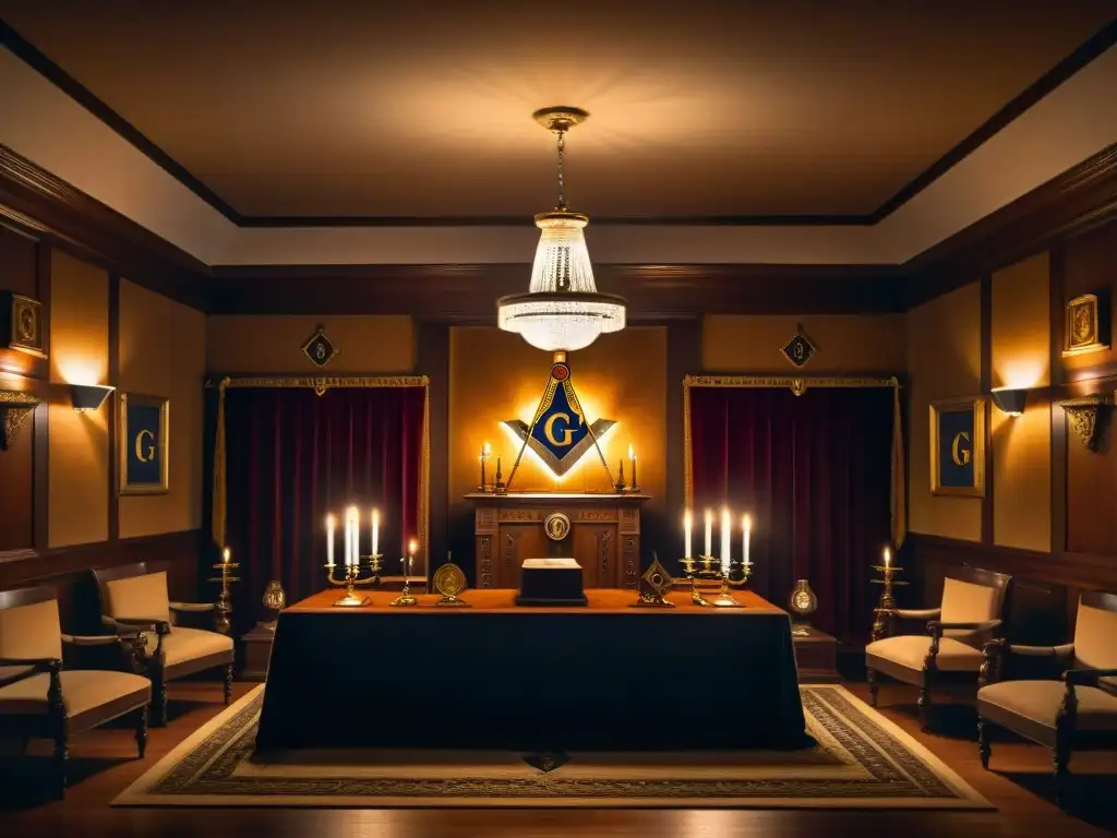 Solemne ritual en logia masónica: símbolos, figuras en penumbra, atmósfera de misterio y tradición