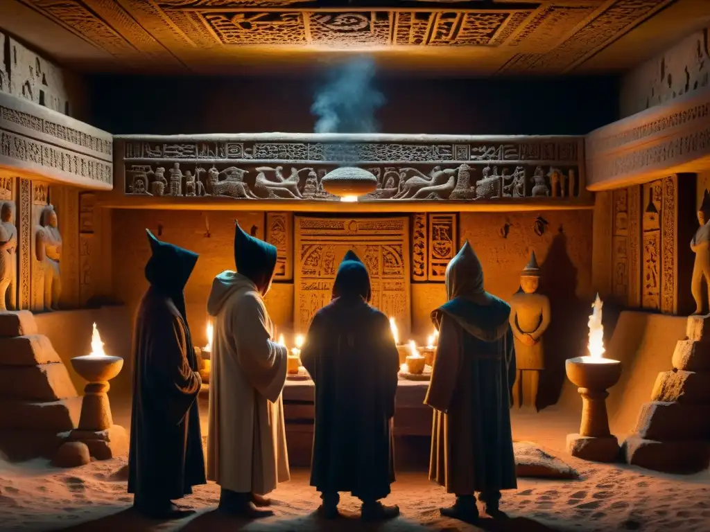 Ritual secreto en cámara subterránea llena de misterios En las sombras de una cámara subterránea antigua, figuras encapuchadas realizan rituales secretos sociedades influencia