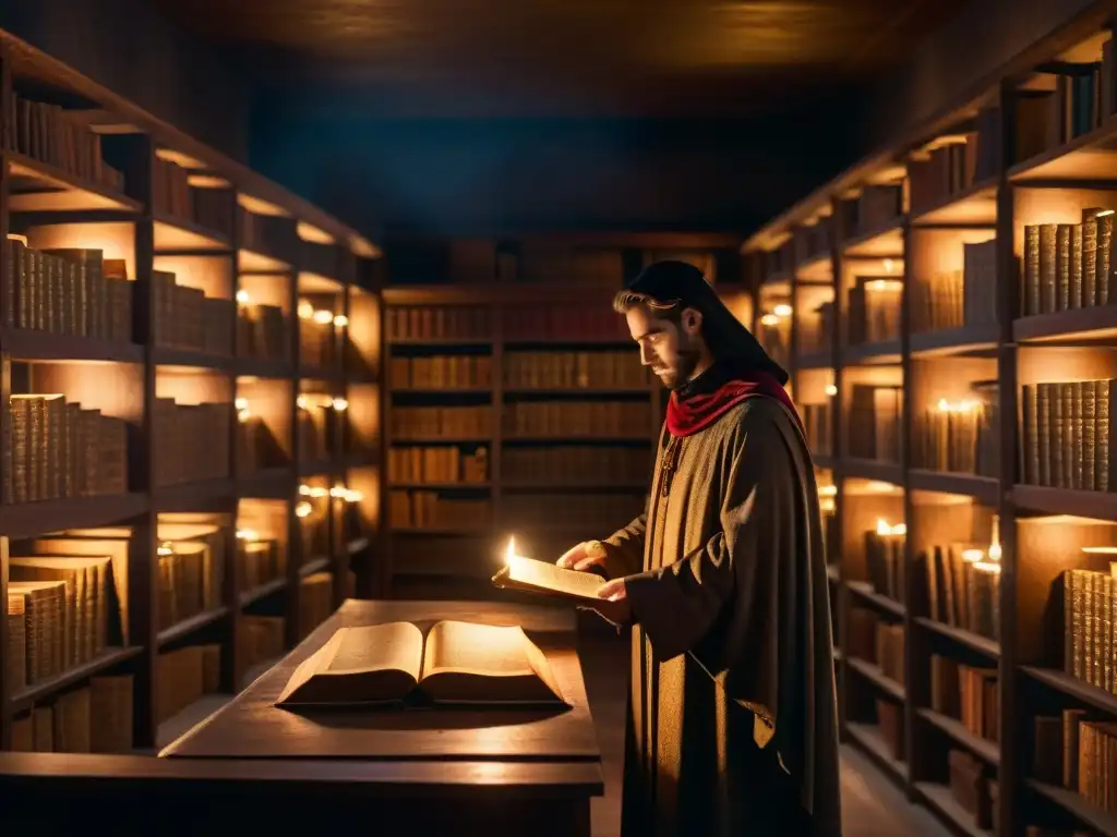 En la sombría biblioteca antigua, un misterioso personaje hojea manuscritos prohibidos Illuminati, influenciando la historia