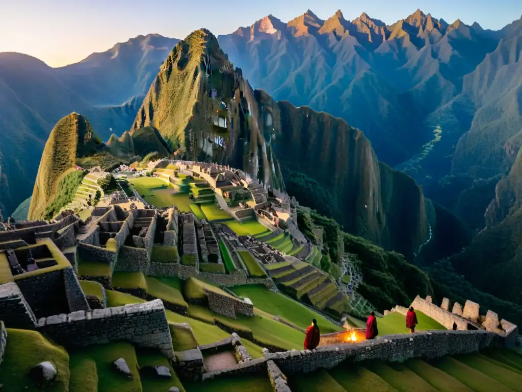 Sombrias figuras rodean un altar misterioso en Machu Picchu, iluminadas por antorchas