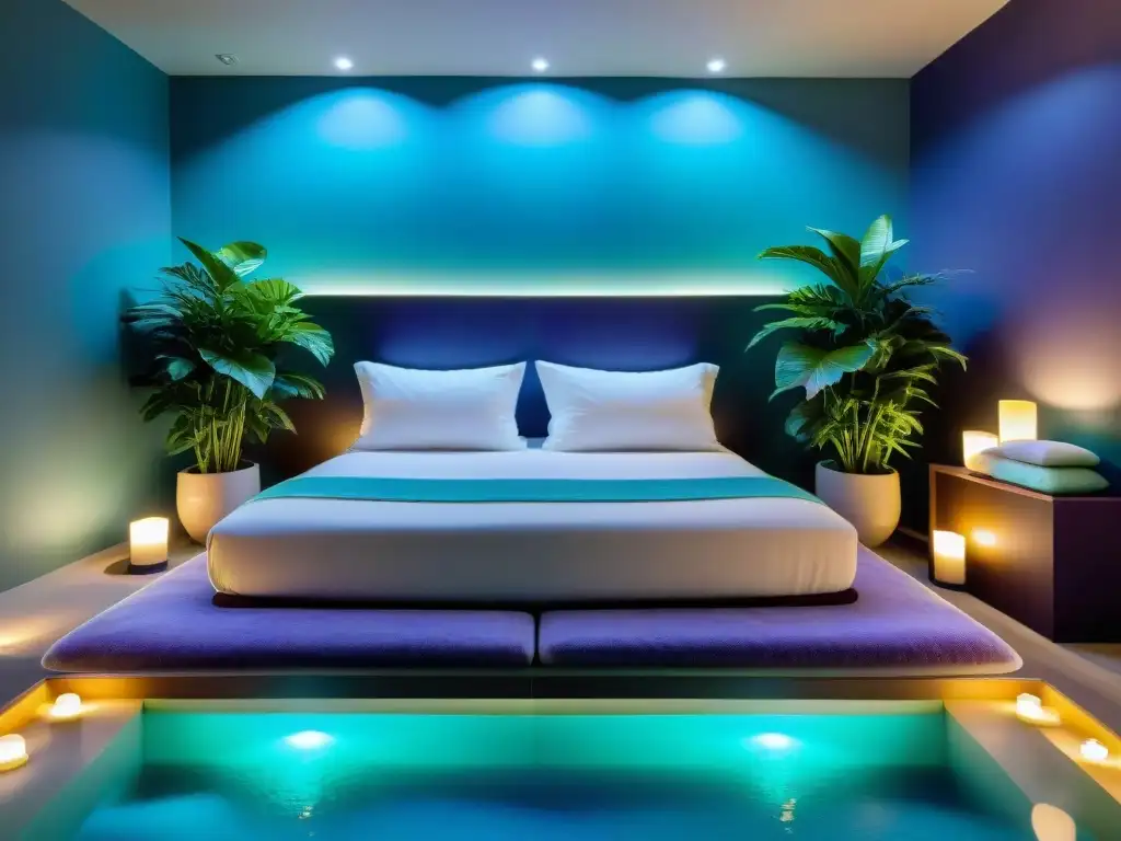 Un spa tranquilo iluminado por luces de colores suaves en tonos de azul, verde y morado, con cojines mullidos y velas