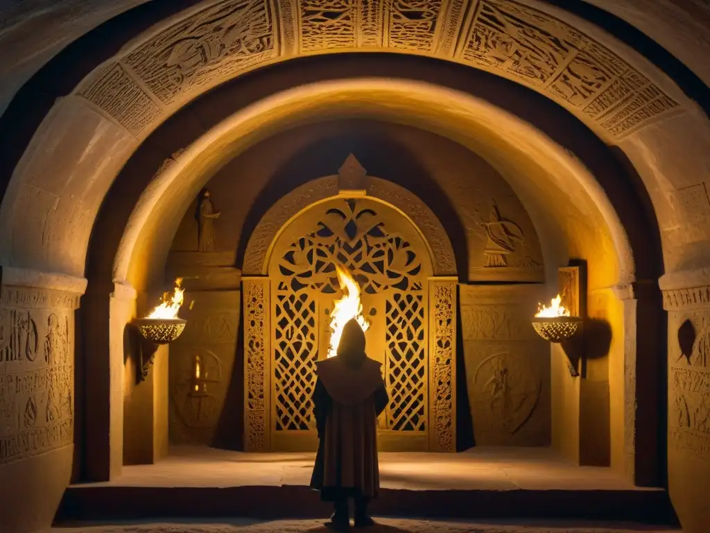 Enigmática cámara subterránea con figuras encapuchadas alrededor de un altar dorado