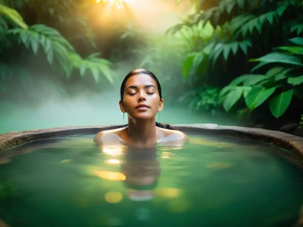 Baño relajante en aguas termales al atardecer Sumérgete en la serenidad de un baño termal natural, rodeado de exuberante vegetación, bajo la suave luz del atardecer